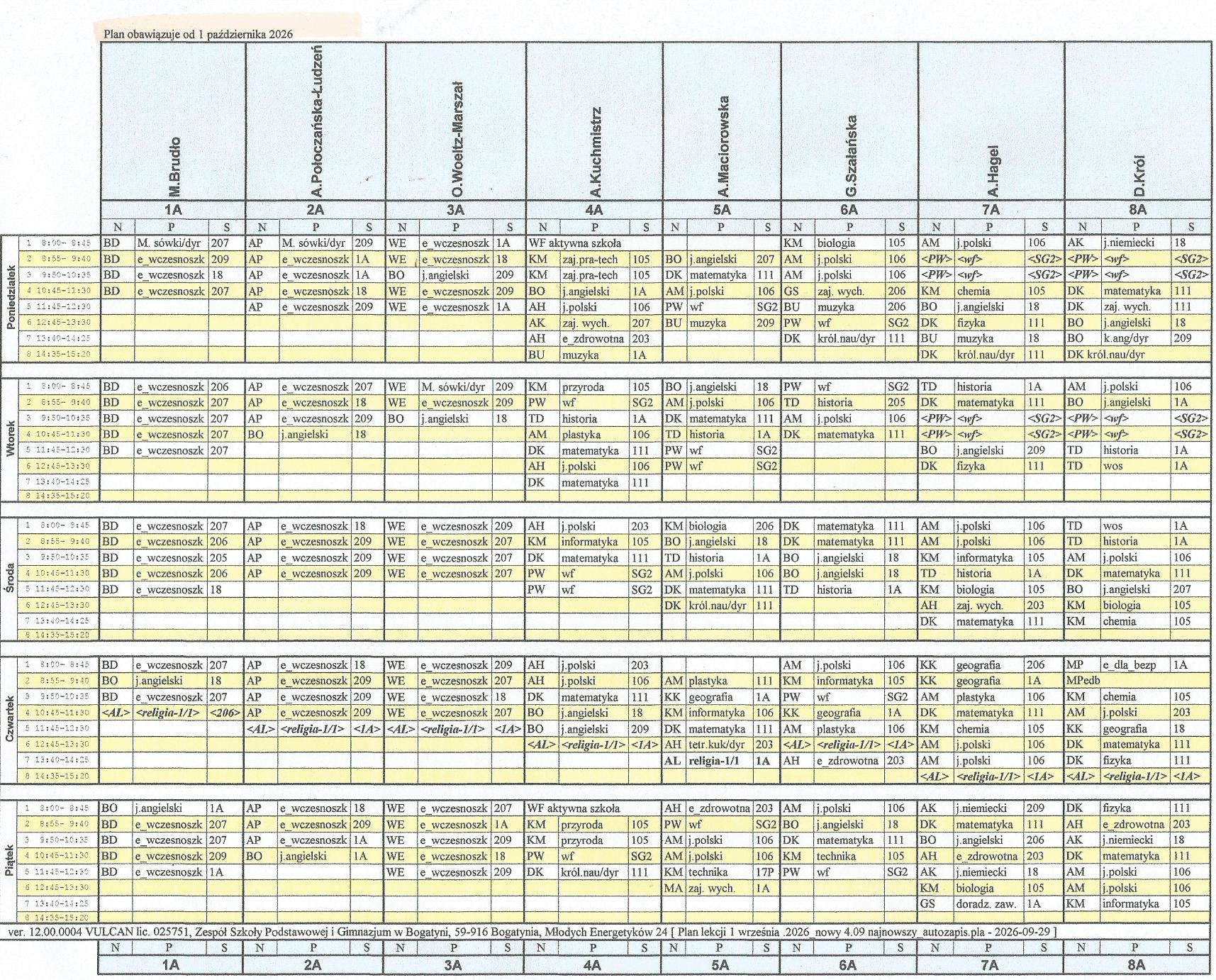 Plan lekcji - I semestr roku szkolnego 2026/2027